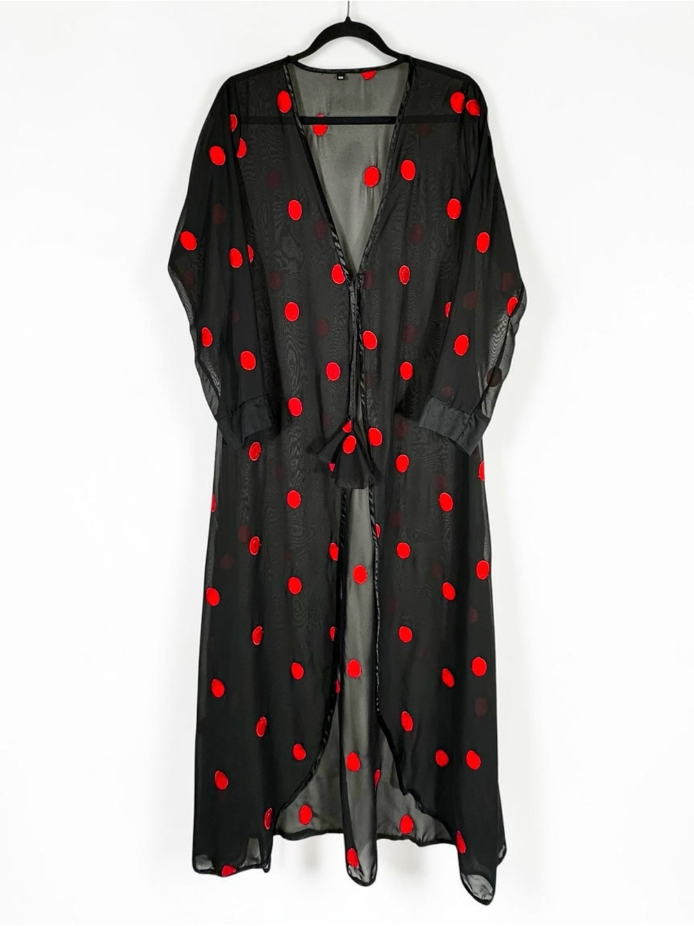 Black with Red Polka Dots Mesh Maxi Kimono Duster Robe Bell Fabric Ties Medium